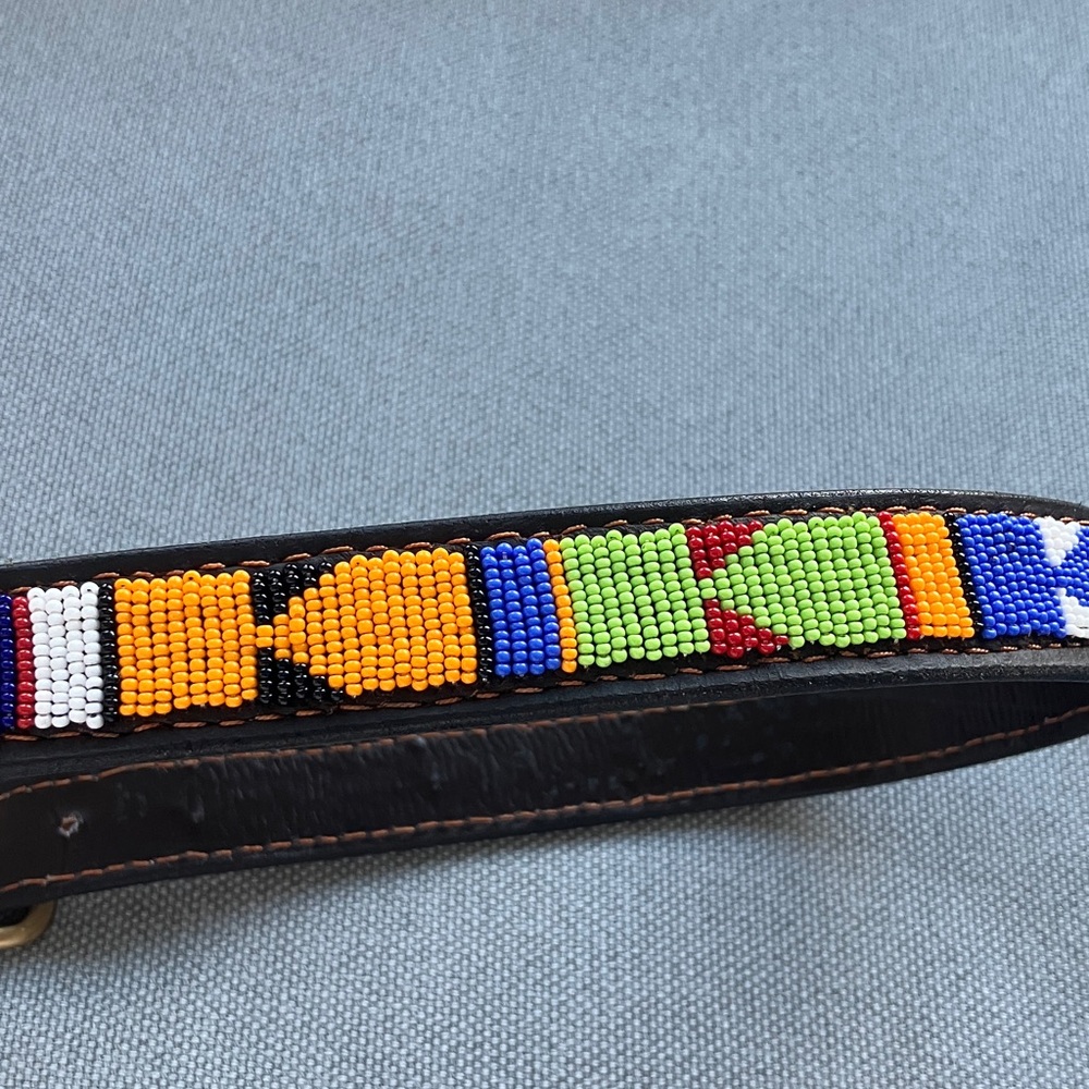 Vintage Beaded Leather Belt African Artisan Style Brass Buckle will fit 31- 33”
